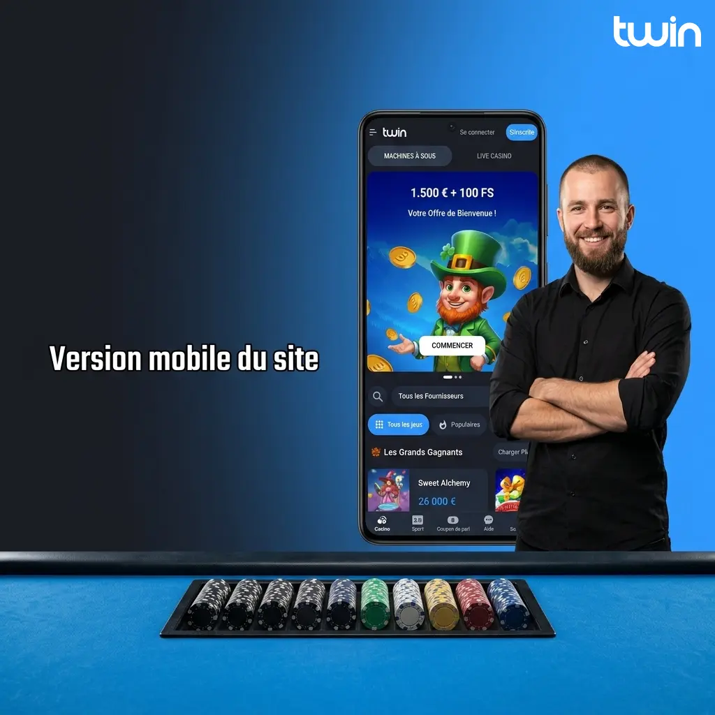 Version mobile du site Twin : paris sportifs, casino, caisse et support sur navigateur